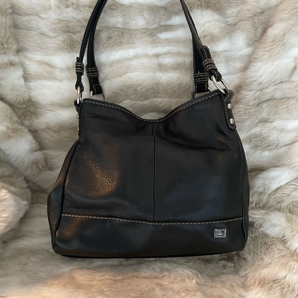 The SAK Black Leather Snap Closure Purse Bag Tote Satchel Pre-Owned